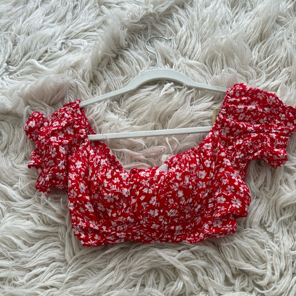 Red and White Flowered Crop Top